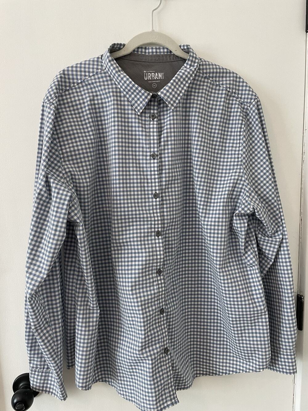 CHEF WORKS Urban Shirt Mens 2XL Blue Gray Gingham Long Sleeve Button Down 025